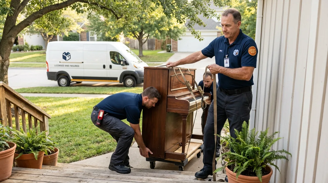 Licensed piano movers securing grand piano in Clinton, CT