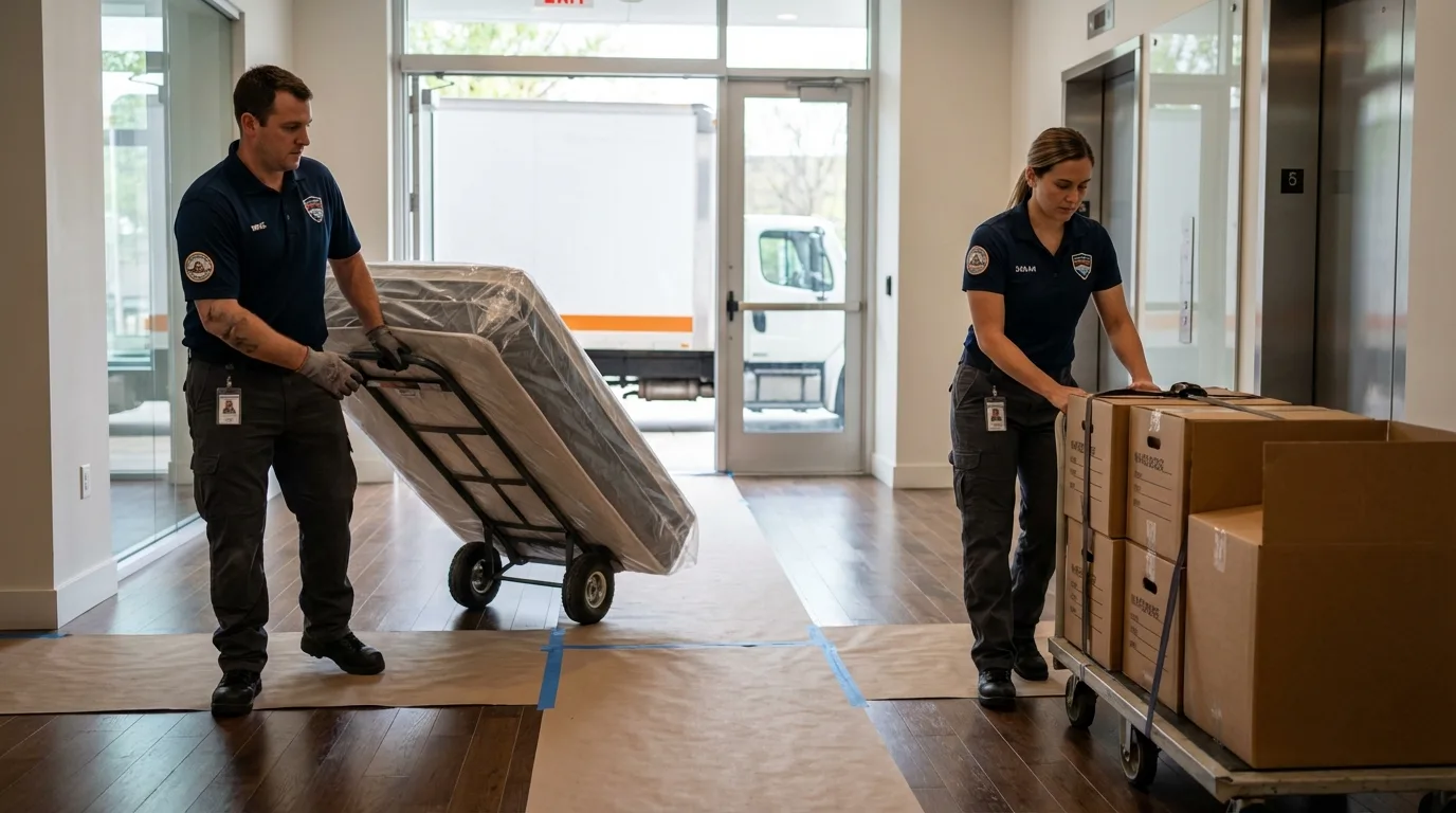 Professional apartment movers loading elevator in Clinton, CT